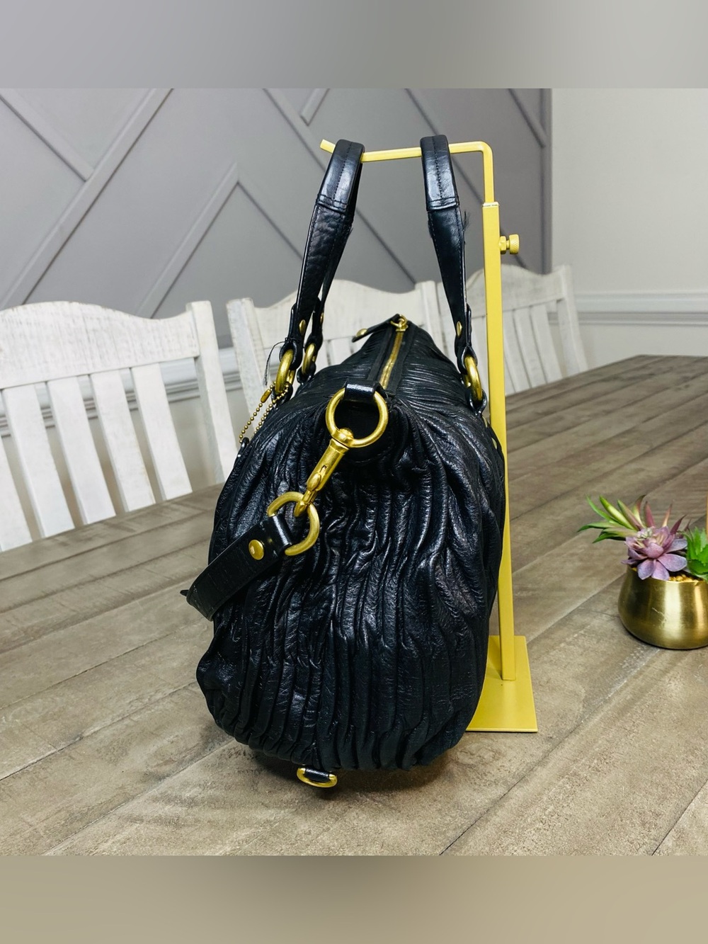 Coach Ashley Black Gathered Leather Satchel Bag F17647 Ruched Gold Hardware - Picture 5 of 14